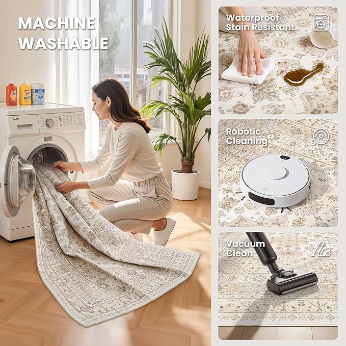 zesthome 10x14 Area Rugs,Stain Resistant Washable Rug,Ultra-Thin Rugs for Living Room,Bedroom,Non-Slip Backing Home Decor Large Area Rug (Cream/Beige,10'x14')