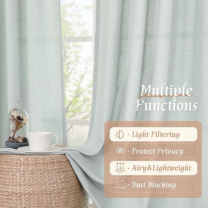LAMIT Linen Sheer Curtains 84 inch for Living Room, Linen Textured Light Filtering Drapes Rod Pocket Boho Privacy Panels for Farmhouse/Bedroom, 2 Panels, 52 x 84 Inch, Light Blue