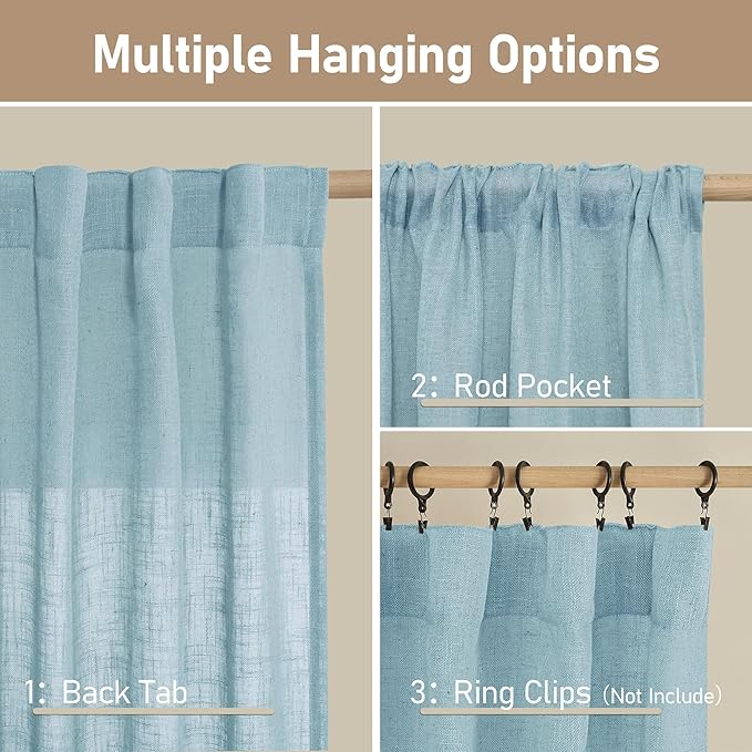 LAMIT Sheer Linen Curtains 63 Inch for Bedroom, Light Filtering Country Decor Semi Sheer Farmhouse Boho Curtains Back Tab and Rod Pocket Living Room Panels, Stone Blue, 2 Panels, 52 x 63 Inch