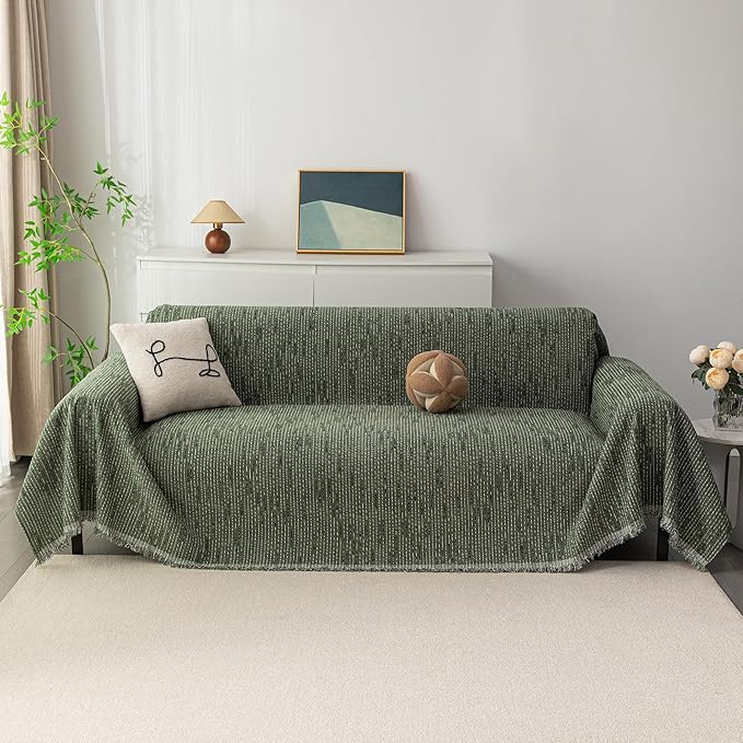 MYSKY HOME Couch Covers for 2 Cushion Couch Sectional Sofa, L Shape Sofa Protector Moss Green Chenille Couch Cover, Sofa Covers Washable Blanket with Tassel Pet Couch Cushion Cover, 71"X102"