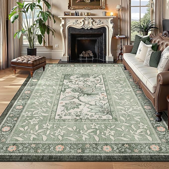 GarveeHome Provence Sage Green Area Rugs 10x13 Living Room, Botanical Grove Sage Green Cottagecore Washable Non-Slip Rug for Bedroom Dining Nursery Low-Pile Vintage Large Soft Carpet