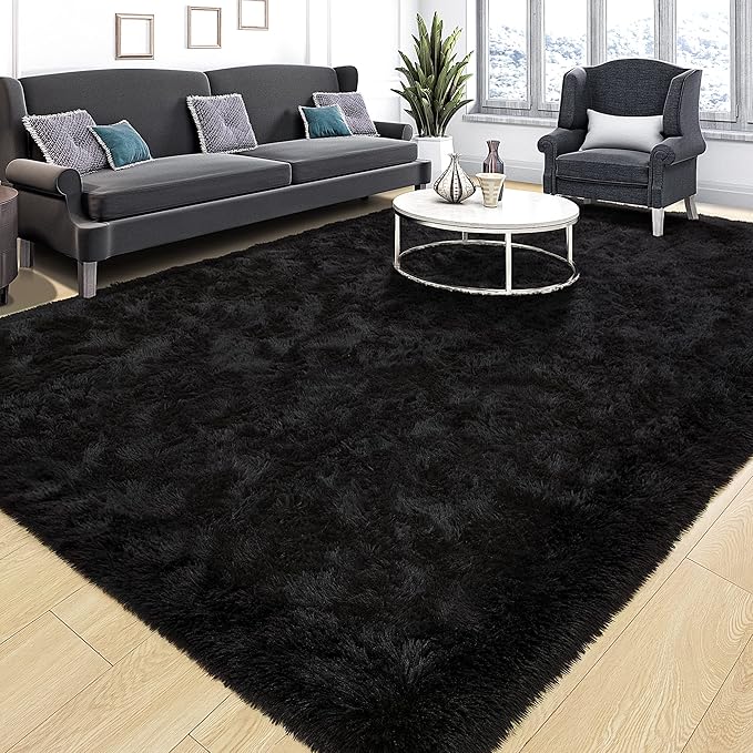 Tepook Super Soft Fluffy Rug for Bedroom, Modern Shaggy Fuzzy Kids Rugs for Living Room, Plush Indoor Nursery Home Decor Dorm Carpet with Non-Slip Bottom, Black, 4 X 6 Feet