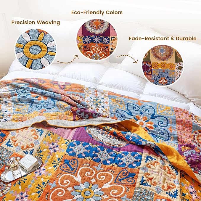 MSGKV Boho Throw Blanket for Bed 90"x108" 100% Cotton Blanket Spring Breathable Lightweight King Size Blankets Home Decor Muslin All Seasons