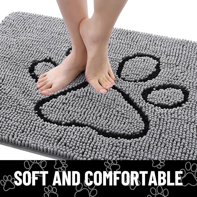 Smiry Dog Door Mat for Muddy Paws, Absorbent Dirt Trapper Non Slip Quick Dry Washable Chenille Mat for Mud Dogs, Entry Rug for Indoor and Outdoor (59x35 Inches, Grey and Black)