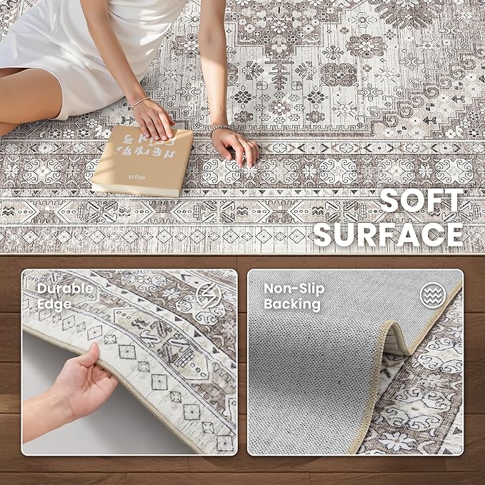 zesthome 3x5 Area Rug Ultra Soft Washable Rug, Non Slip Area Rug Indoor Entrance, Stain Resistant Rugs for Living Room Bedroom Vintage Home Decor (Brown/Beige,3'x5')