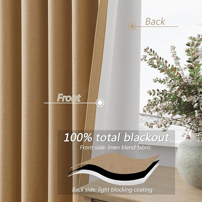 Guken Camel Brown 100% Blackout Linen Curtains 102 Inch Length 2 Panels Set for Living Room Back Tab Thermal Insulated Black Out Drapes Room Darkening Farmhouse Style for Bedroom Window Curtains