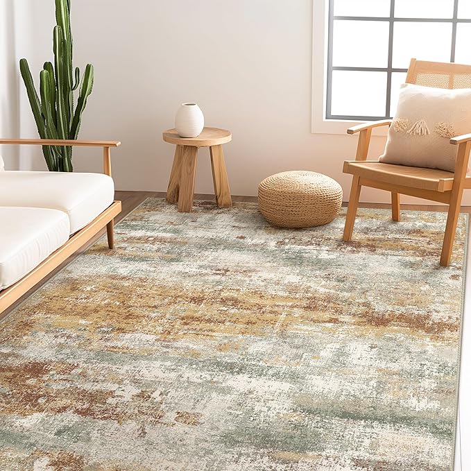 Area Rugs 8x10 for Living Room Bedroom, Modern Abstract Machine Washable Rug, Large Soft Low Pile Floor Cover with Non Slip Backing for Dining Room, Orange Green