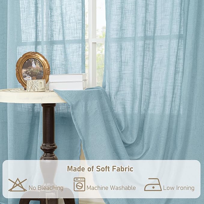 LAMIT Stone Blue Linen Curtains 54 Inch Length 2 Panels, Light Filtering Panels Back Tab and Rod Pocket Country Decor Drapes for Bathroom/Window/Bedroom, 52 x 54 Inch
