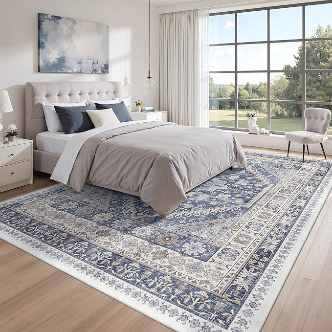 zesthome 8x10 Area Rugs for Living Room,Non-Slip Backing Washable Rugs,Vintage Large Area Rug,Stain Resistant Home Decor Rug (Blue/Beige,8'x10')