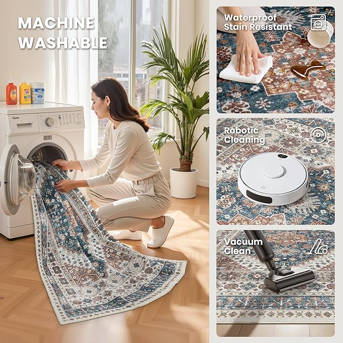 zesthome 8x10 Area Rugs for Living Room,Non-Slip Backing Washable Rugs,Vintage Large Area Rug，Stain Resistant Home Decor Rug (Navy Blue/Red,8'x10')