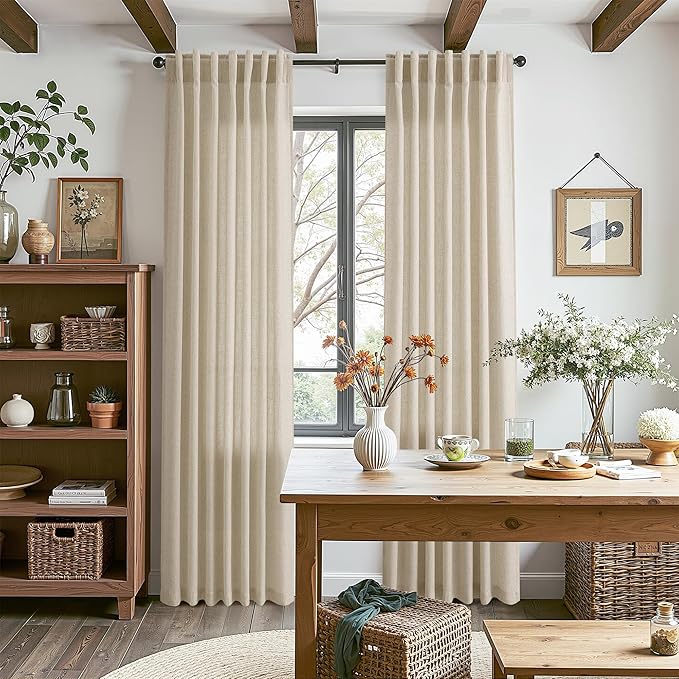 Eggshell Beige Linen Curtains for Living Room 100 Inches Long Light Filtering Semi Sheer Curtain Back Tab Rustic Farmhouse Decor Burlap Luxury Boho Drapes for Bedroom Dinner Room 52x100, 2 Panels