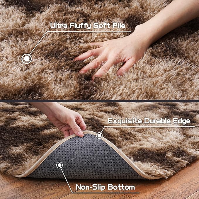 Pionblank Large Area Rug for Living Room 6x9 Feet, Modern Soft Shag Brown Rug, Plush Fuzzy Carpet for Bedroom Girls Boys Room Home Nursery Teens Dorm Decor, Tie-Dyed Coffee