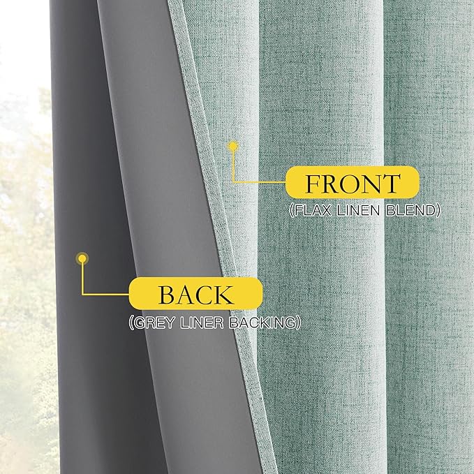 NICETOWN 100% Absolutely Blackout Linen Curtains with Thermal Insulated White Liner, Seafoam Green, 52" Wide, 120" Length Energy Saving Curtains for Living Room 2 Panels Set, Vertical Blinds