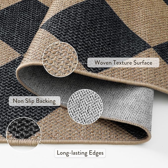Lahome Colette Checkered Easy Jute Kitchen Rug, 2x3 Front Door Mat Non Slip Washable Neutral Area Rug, Farmhouse Diamond Non Shedding Low Pile Floor Carpet for Entryway Porch Doorway