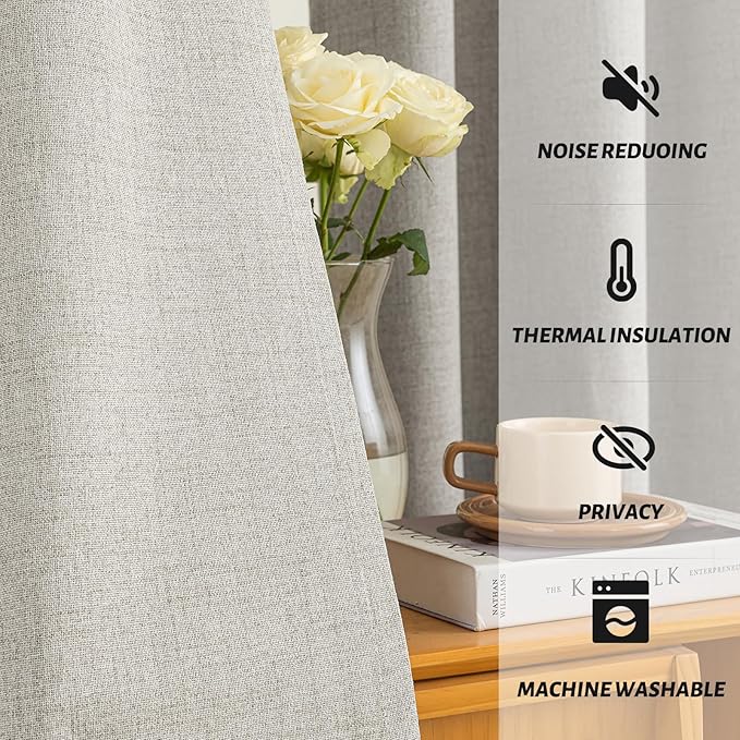 Yakamok Oatmeal Linen Curtains 100% Blackout 72 Inches Long,Room Darkening Textured Curtains for Living Room Thermal Grommet Bedroom Curtains 2 Panels with White Liner