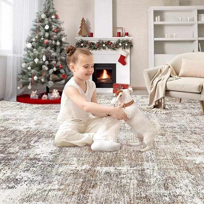 UERMEI Area Rug Living Room Rugs - Washable Neutral Modern Abstract Soft Thin Rug Indoor Floor No Slip Rug Carpet for Bedroom Under Dining Table Home Office Decor - Brown/Grey/Red - 5x7