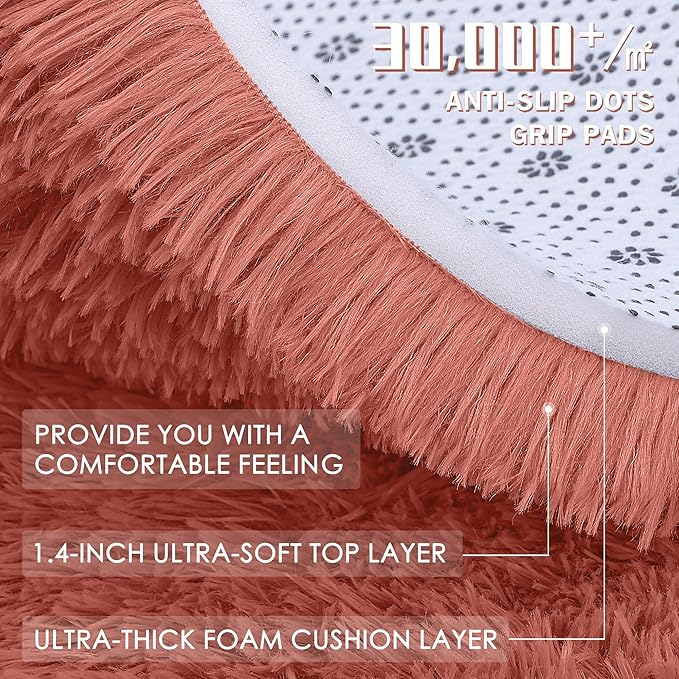 OLANLY Rust Red Round Rugs for Bedroom - Machine Washable, 7 ft Circle Area Rugs for Living Room, Soft and Fluffy Shaggy Carpet for Teen Girl and Boys, Nursery Rooms, Dorms, Home Decor Aesthetic