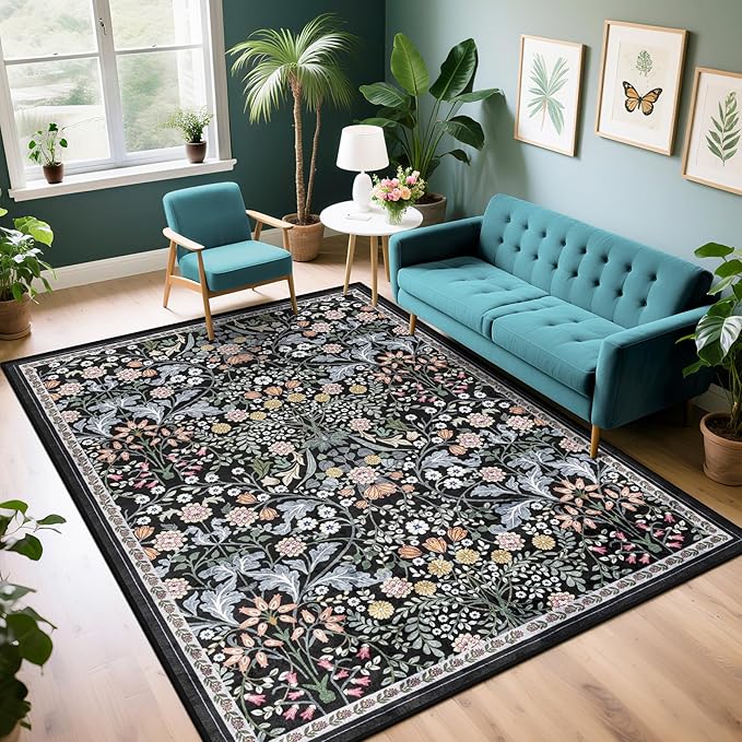 6x9 Area Rugs for Living Room: Floral Washable Rug Vintage Large Soft Boho Non-Slip Carpet Indoor Stain Resistant Thin Carpets for Bedroom Dining Room Farmhouse Nursery Hallway Home Office Dark Black