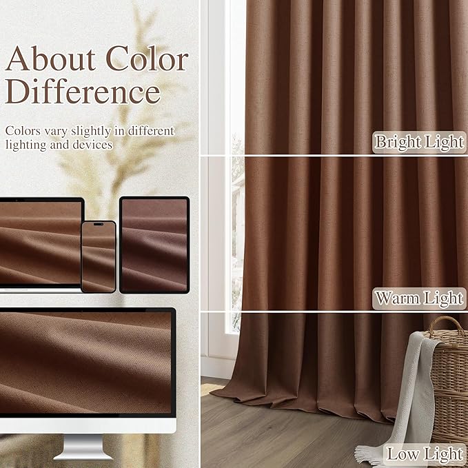 Rustic Brown 100% Blackout Linen Curtains 108 Inch Length 2 Panels Set for Living Room Bedroom Back Tab Thermal Insulated Black Out Drapes Room Darkening Farmhouse Style for Bedroom Window Curtains