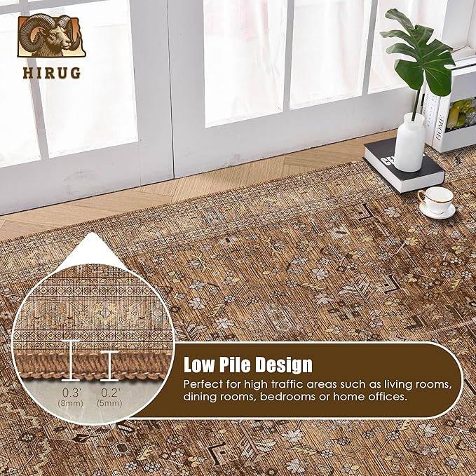 Washable Area Rug 8' x 10' Vintage Traditional Persian Mat - Foldable Distressed Non-Slip Machine Washable Carpet for Living Room Bedroom Kitchen Home Decor - Bronze and Ivory