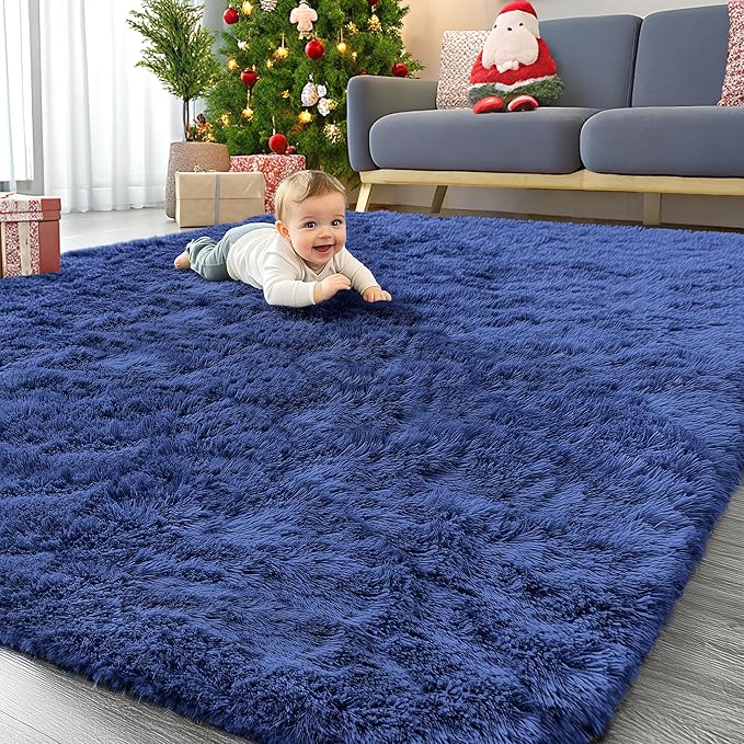 OLANLY 10x12 Machine Washable Large Area Rugs for Living Room, Bedroom, Soft Fluffy Shaggy Bedside Rug, Indoor Floor Carpet for Kids Girls and Boys, Dorms, Nursery, Home Decor Aesthetic, Navy Blue