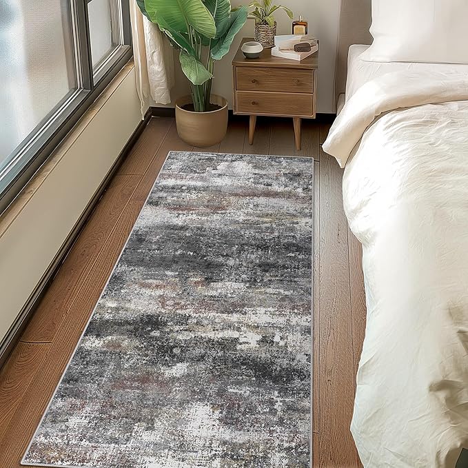 Runner Rug for Hallway Kitchen 2x10 Machine Washable Runners Rug for Entryway, Dark Gray Soft Modern Abstract Throw Rugs, Low Pile Floor Carpet with Non Slip Rubber Backing