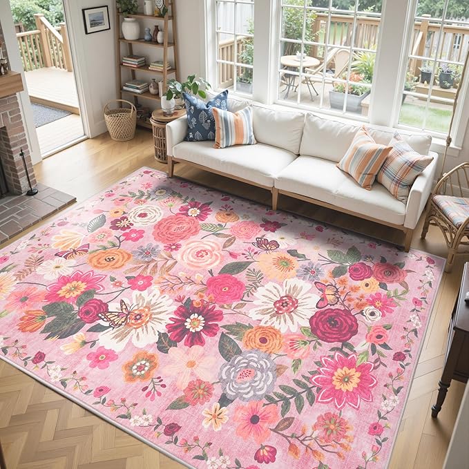 Washable Area Rug 8x10 Pink, Large Soft Rugs for Living Room Floral Carpet 8x10 Area Rugs for Girls Bedroom Nursery Room Non-Slip Stain Resistant Under Table Rug (8 x 10, Pink Garden)