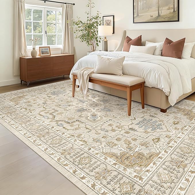 Madane 6x9 Area Rugs for Living Room, Stain Resistant Washable Rugs, Non-Slip Backing Area Rug, Vintage Home Decor Rug for Bedroom (Beige/Blue, 6'x9')