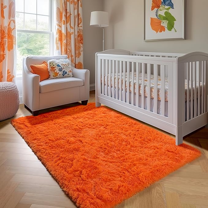 ONASAR Orange Area Rugs for Bedroom Living Room, Fluffy 4x6 Indoor Bedside Floor Throw Rug, Soft Plush Shaggy Carpet for Nursery Kids Girls Boys Teen Dorm Home Office Decor Aesthetic
