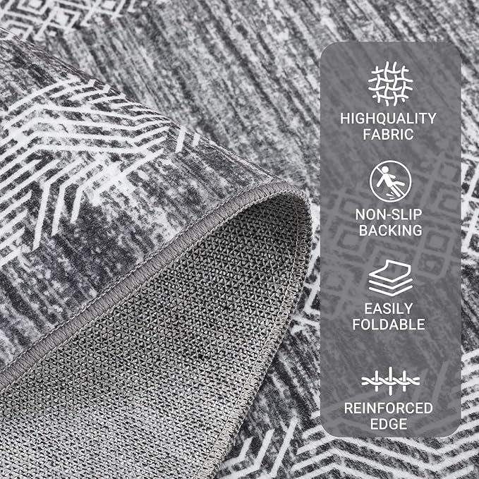 GarveeHome 8x10 Large Washable Area Rug Modern Bordered Rug Distressed Geometric Floor Carpet, Soft Non Slip Rug, Low Pile Non Shedding Rug, Indoor Gray Rug for Bedroom, Living Room