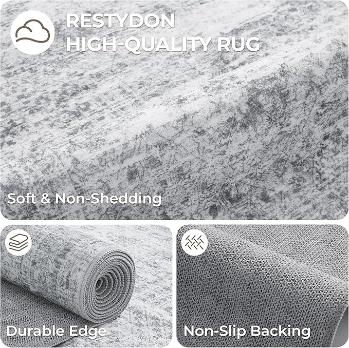 8x10 Area Rugs for Living Room, Non-Slip Backing Large Washable Rug for Nursery Room, Vintage Abstract Bedroom Rugs, Thin Indoor Home Decor Soft Farmhouse Rug (8'x10', Grey/Ivory)