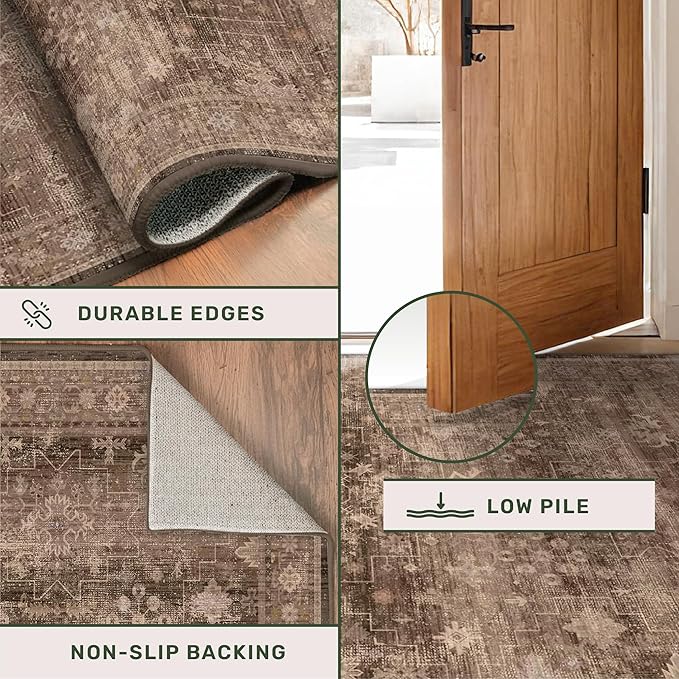 Brown Boho Washable Entry Rug, 3x4 Rugs for Entryway Kitchen Bathroom Door Mat Indoor Entrance, Non Slip Rubber Backing, Stain & Fade Resistant, Earthy Taupe Floral Design