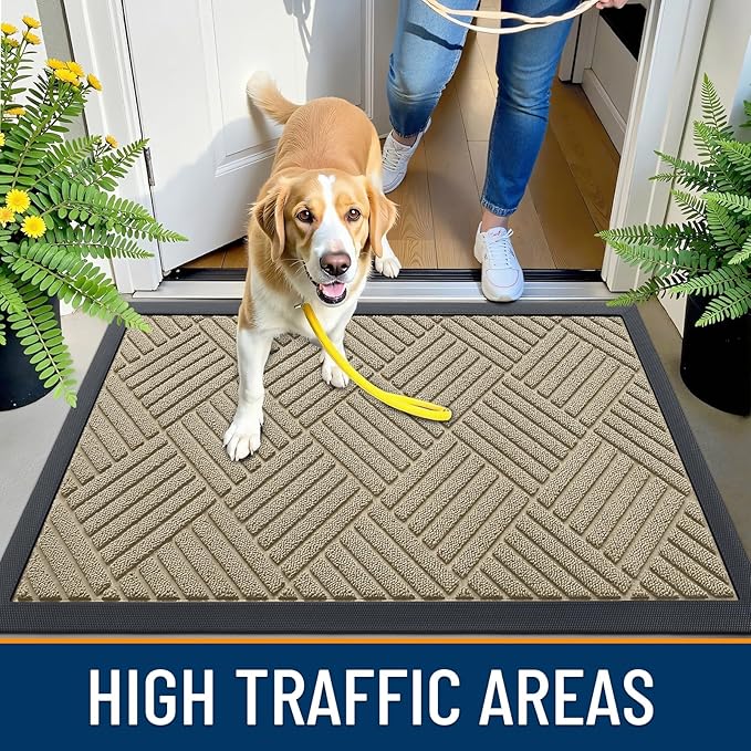 OLANLY Front Door Mat Outside Entrance 71x23, Absorbent, Heavy Duty Sturdy Natural Rubber Doormat Indoor Outdoor, Stain and Fade Resistant, Non-Slip Low Profile Floor Mat for Entryway, Beige Diamond
