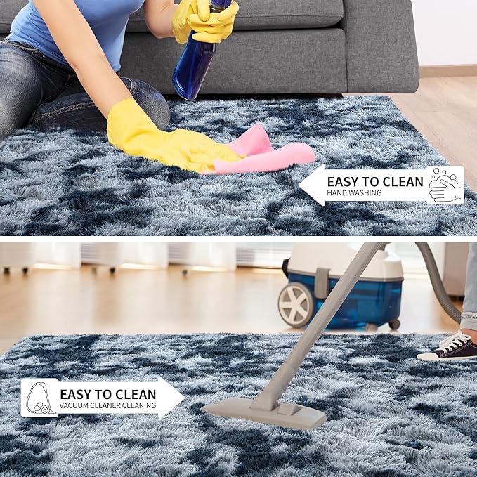 Tepook Soft Fluffy Rugs for Living Room, 5x8 Shaggy Area Rug for Bedroom, Modern Shag Rug Fuzzy Carpets for Kids, Plush Indoor Nursery Home Decor Rug with Non-Slip Bottom, Tie-dye Dark Blue