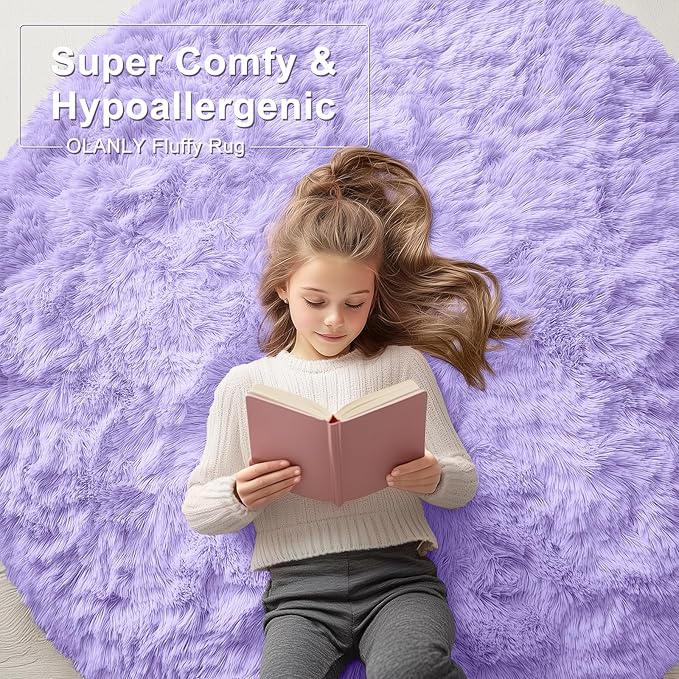 OLANLY Light Purple Round Rugs for Bedroom - Machine Washable, 5 ft Circle Area Rugs for Living Room, Soft and Fluffy Shaggy Carpet for Teen Girls and Boys, Nursery Rooms, Dorms, Home Decor Aesthetic