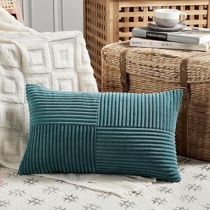 Fancy Homi 2 Packs Teal Lumbar Decorative Throw Pillow Covers 16x32 Inch for Living Room Couch Bed Sofa, Rustic Farmhouse Boho Home Decor, Soft Striped Corduroy Rectangle Accent Cushion Case 40x80 cm