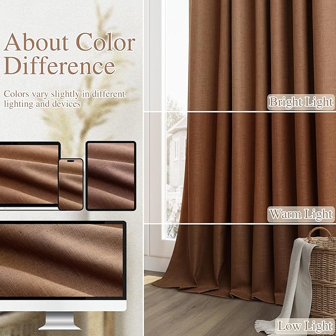 Guken Caramel Brown 100% Blackout Linen Curtains 102 Inch Length 2 Panels Set for Living Room Bedroom Back Tab/Rod Pocket Thermal Insulated Black Out Drapes Farmhouse Room Darkening Window Curtains