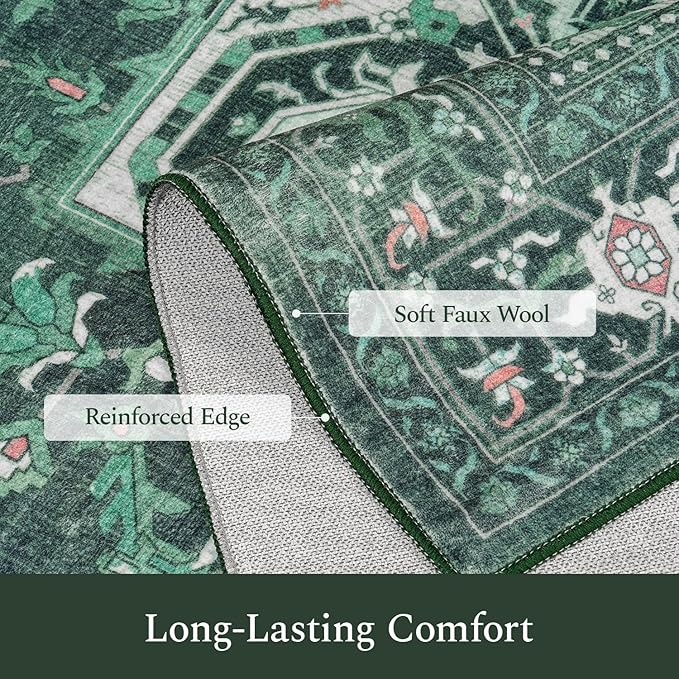 Rugflix 3x5 Area Rugs for Living Room, Machine Washable Rug Non Slip Stain Resistance, Small Rug Vintage Distressed Soft Carpet for Bedroom, Dining Room, Home Office, Green