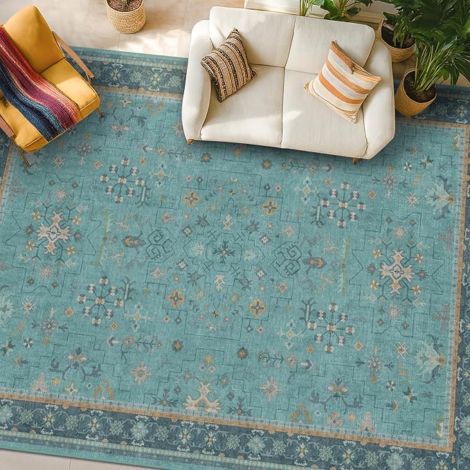 Boho Teal 7x9 Soft Rugs for Living Room, Washable Turquoise Rug for Bedroom Under Bed, Vintage Non Slip Floral Dining Room Carpet, Low Pile Soft Fade Resistant