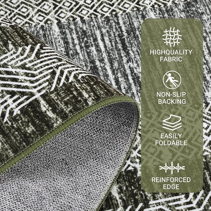 GarveeHome Modern Geometric Area Rug 4x6 Distressed Bordered Washable Non Slip Floor Carpet Non Shedding Thin Soft Low Pile Contemporary Green Rug for Dining Room, Living Room