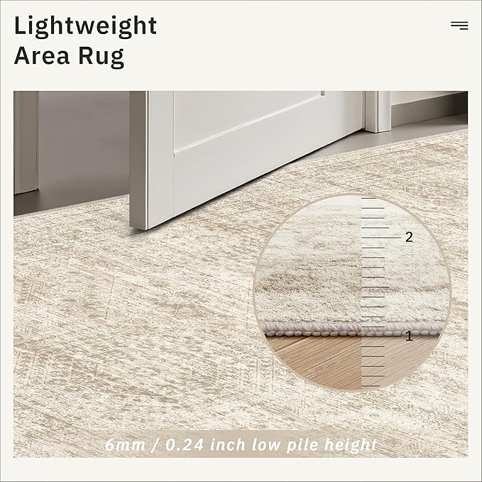 5x8 Area Rugs Beige Low Pile Indoor Washable Trendy Faded Style Rugs for Bedroom Living Room Dining Room Foldable Non-Slip Thin Print Home Office Mat