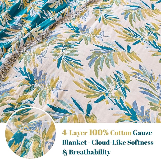 MSGKV Boho Throw Blanket for Bed Cotton 60"x80" Leaves Blanket Twin Size Couch All Seasons Muslin Spring Breathable Lightweight Farmhouse Blankets
