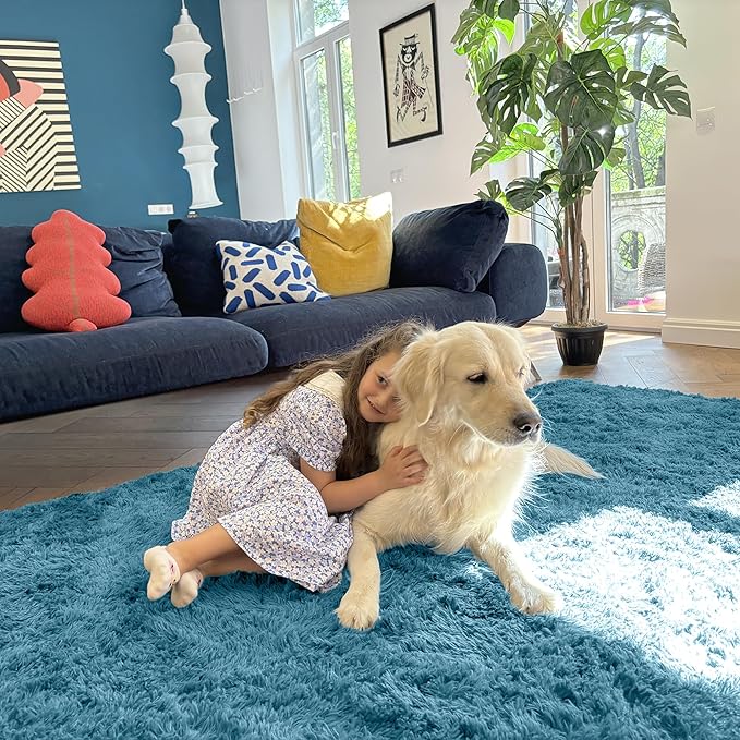 OLANLY 3x5 Machine Washable Small Bedside Rug, Soft Fluffy Shaggy Rugs for Living Room, Bedroom, Indoor Floor Carpet for Kids Girls and Boys, Preppy Dorms, Nursery, Home Decor Aesthetic, Slate Blue
