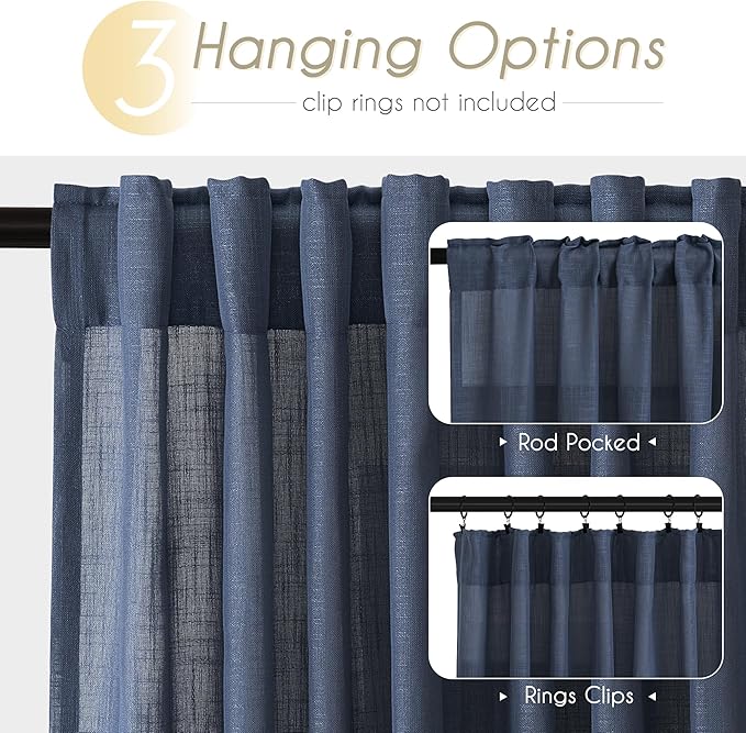 Navy Blue Curtains for Living Room Back Tab Modern Farmhouse Semi Sheer Blue Curtains 144 inches Long 2 Panels Set Muted Neutral Window Curtain for Dining Room Bedroom 52x144
