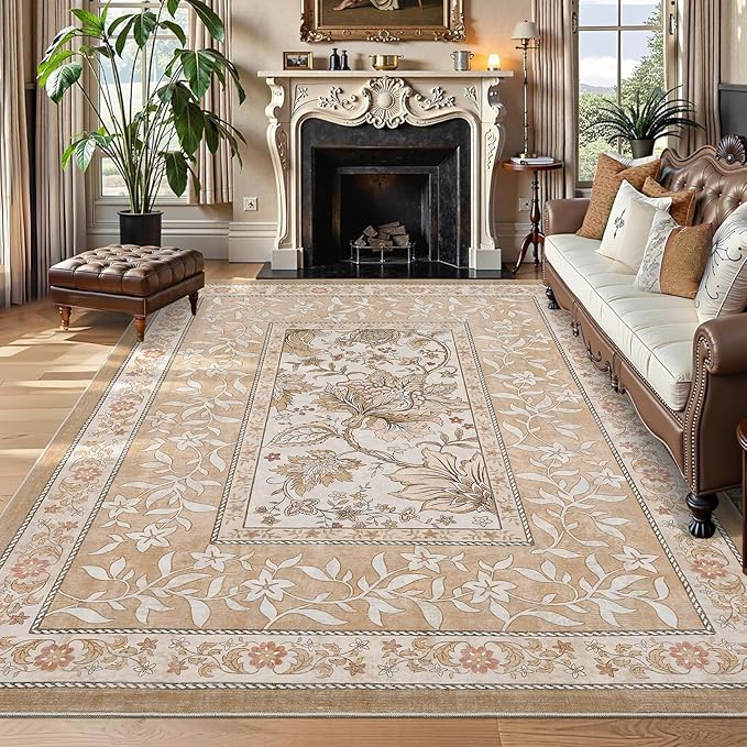 GarveeHome Provence 8x10 Area Rugs for Living Room, Botanical Grove Pink Brown Scroll Cottagecore Washable Rug for Bedroom Dining Nursery Low-Pile Vintage Large Carpet