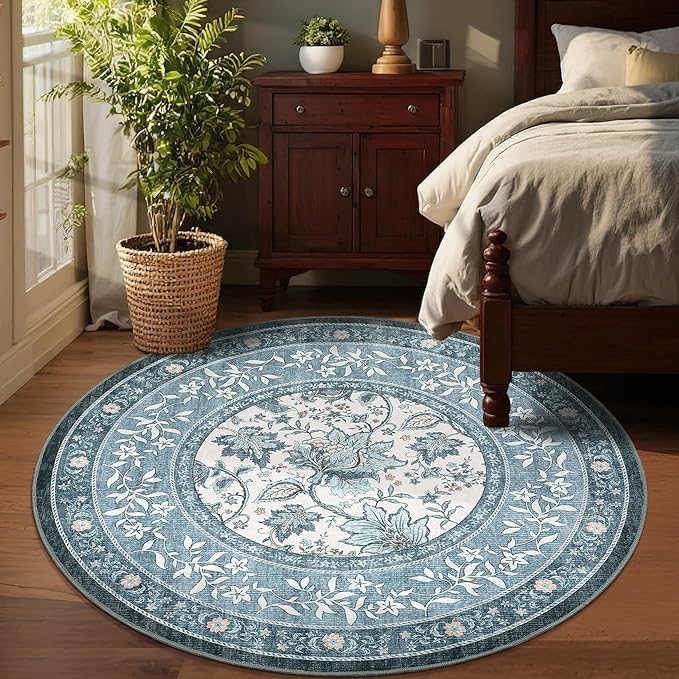 GarveeHome Misty Blue Botanical Grove 6ft Round Rug, Small Circle Vintage Cottagecore Soft Low-Pile Non-Slip Washable Rugs for Living Room Bedroom Nursery Kitchen Retro Carpet