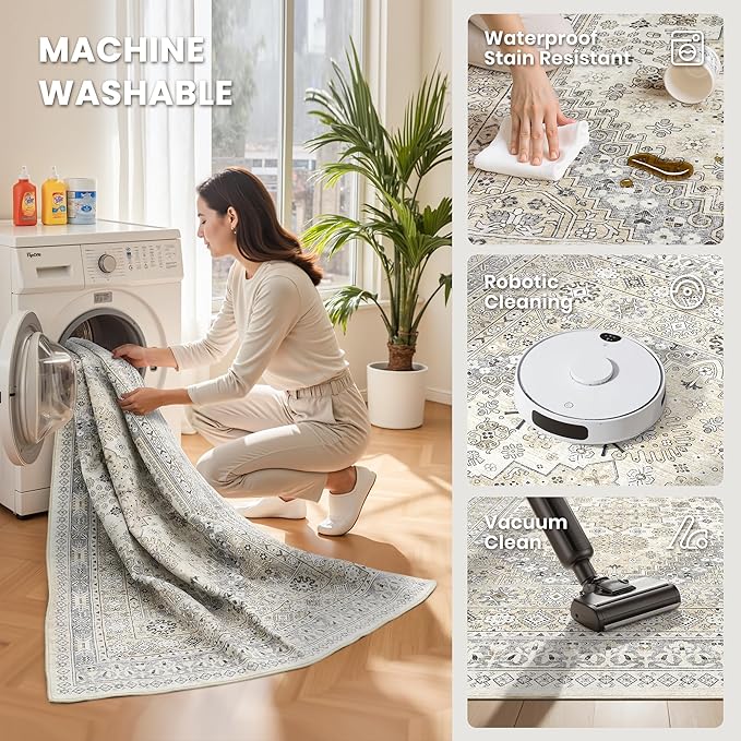 zesthome 3x5 Rug Ultra Soft Washable Rug, Non Slip Area Rug Indoor Entrance, Stain Resistant Rugs for Living Room Bedroom, Vintage Home Decor Area Rugs (Beige,3'x5')
