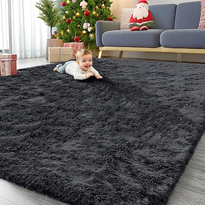OLANLY 9x10 Machine Washable Large Area Rugs for Living Room, Bedroom, Soft Fluffy Shaggy Bedside Rug, Indoor Floor Carpet for Kids Girls and Boys, Dorms, Nursery, Home Decor Aesthetic, Black