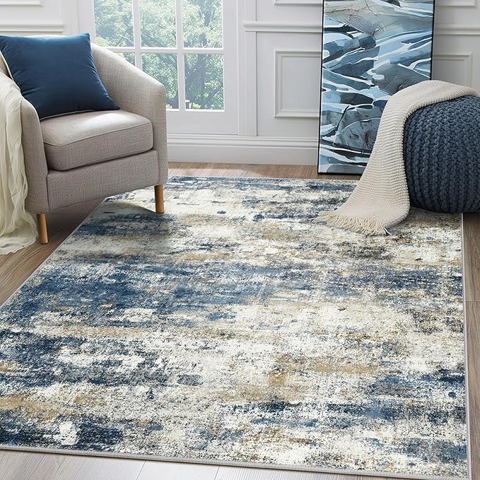 BEIMO Machine Washable Rug 9x12 Area Rugs for Living Room Bedroom, Large Navy Blue Beige Abstract Area Rug Soft Throw Rugs, Low-Pile Floor Carpet with Non Slip Rubber Backing