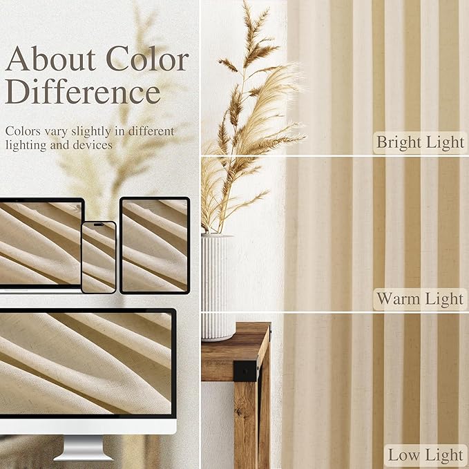 Extra Long Curtain 108 Inches Long Set Back Tab Tan Linen Drapes for Living Room Neutral Farmhouse Light Filtering Semi Sheer Linen Curtains 108 Inch Length for Large Window 9 FT, 2 Panels